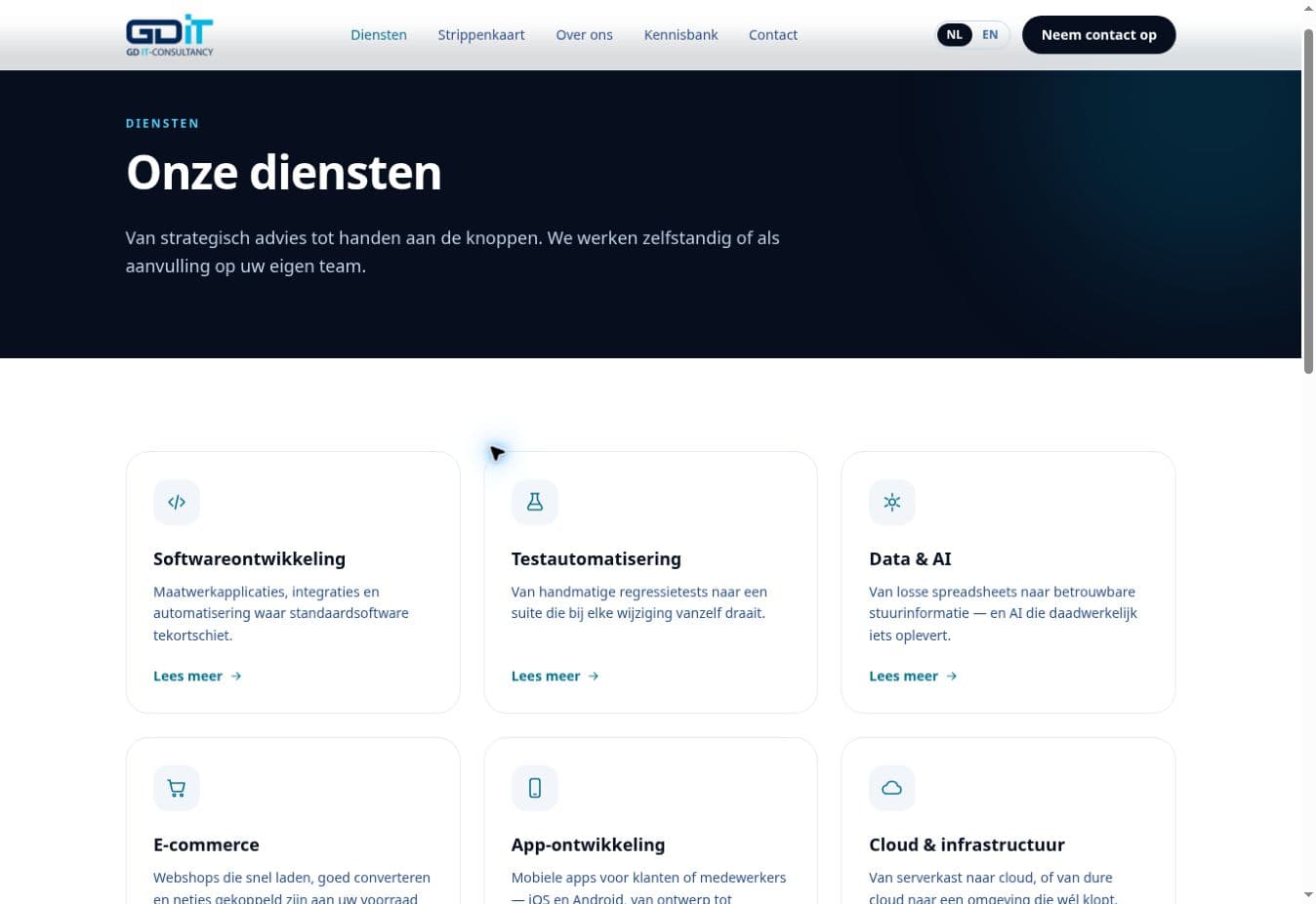 De dienstenpagina van GD IT-Consultancy met kaarten voor softwareontwikkeling, testautomatisering en Data & AI